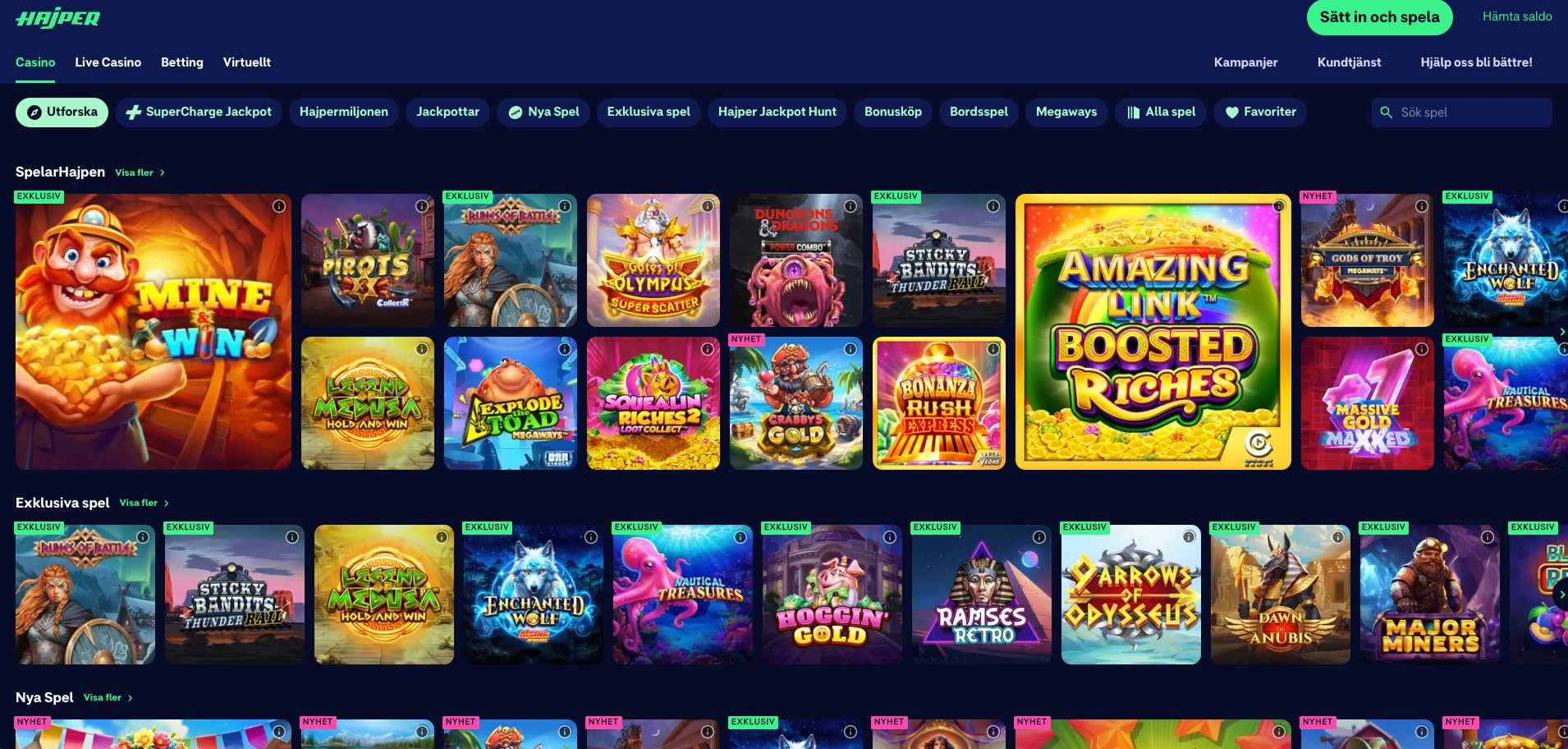 Hajper casino lobby screenshot